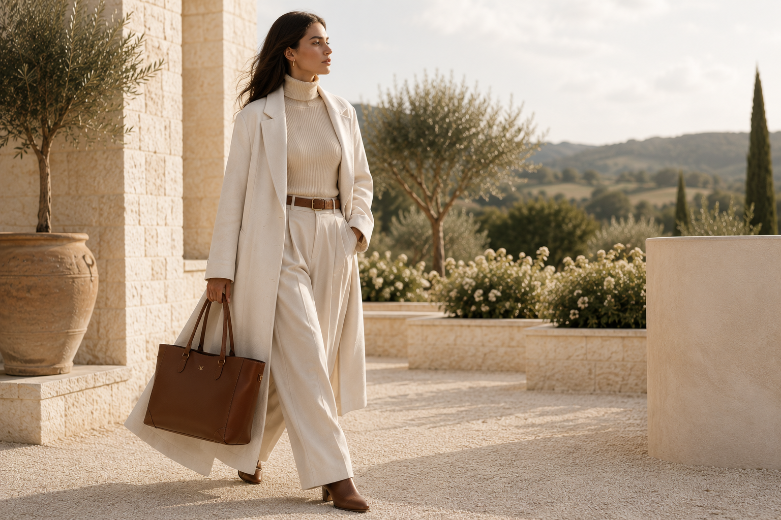Shadove editorial campaign, model walking through a European limestone courtyard